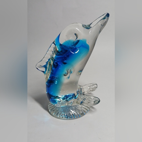 4.5" MURANO STYLE ART GLASS DOLPHIN ON shel BLUE CLEAR SCULPTURE/PAPERWEIGt - Picture 2 of 6